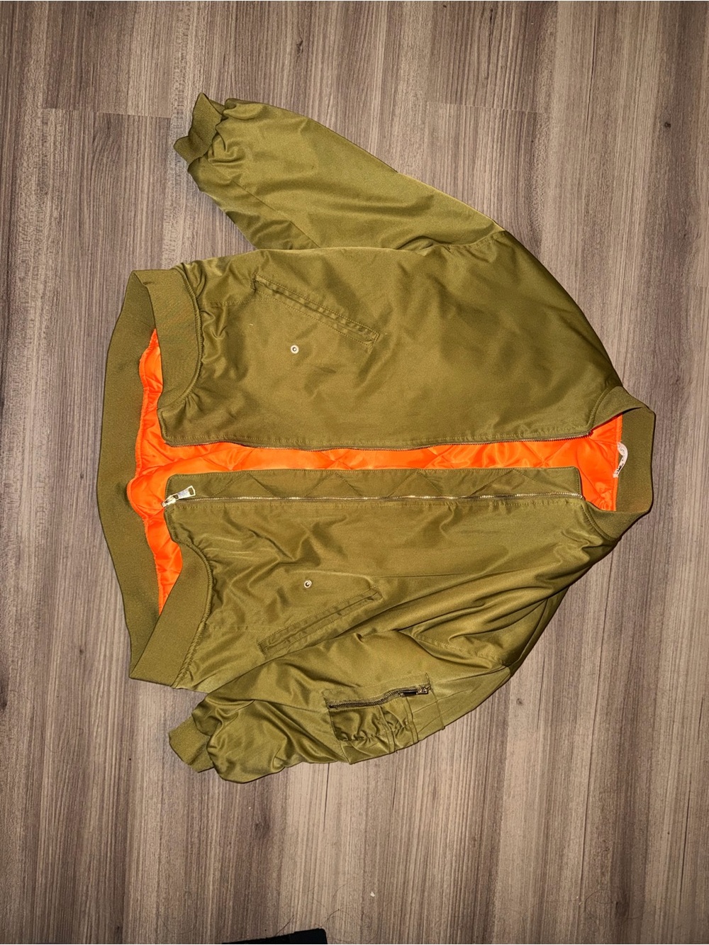 Olive Green Bomber Jacket with Orange Lining